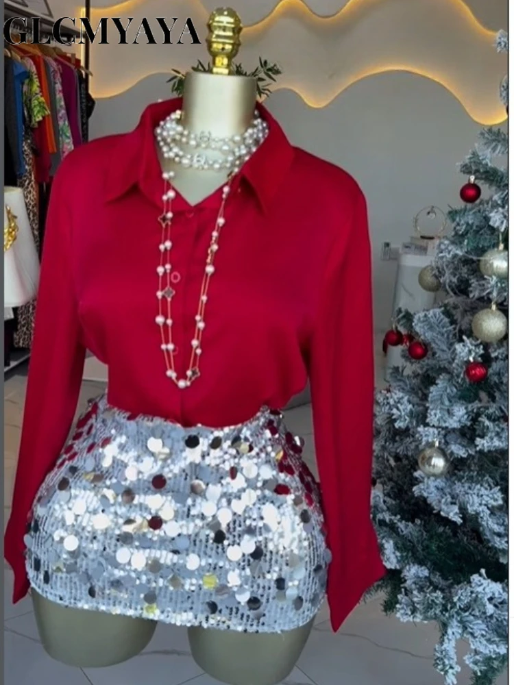 CM.YAYA Women's Long Sleeve Lapel Collar Shirts and Sequined Mini Midi Skirt 2026 Street Party Night Two 2 Piece Set Outfits CM.YAYA Women's Long Sleeve Lapel Collar Shirts and Sequined Mini Midi Skirt 2026 Street Party Night Two 2 Piece Set Outfits