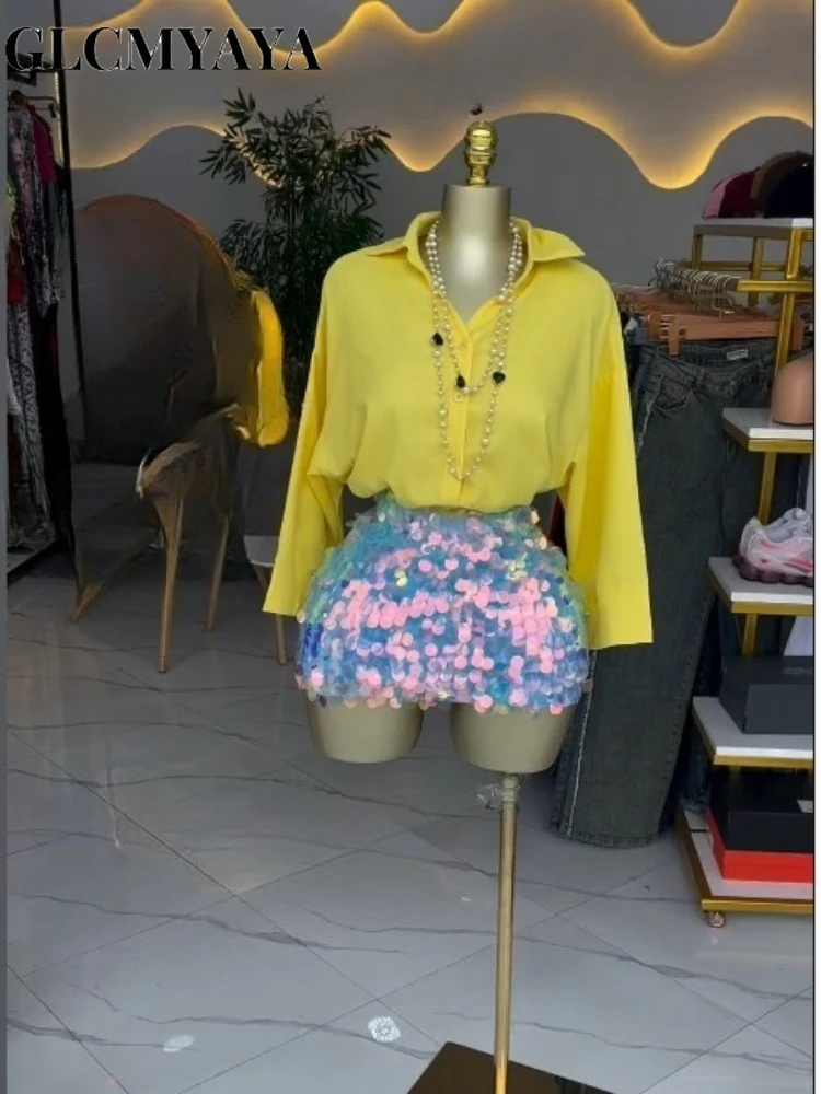 CM.YAYA Women's Long Sleeve Lapel Collar Shirts and Sequined Mini Midi Skirt 2026 Street Party Night Two 2 Piece Set Outfits