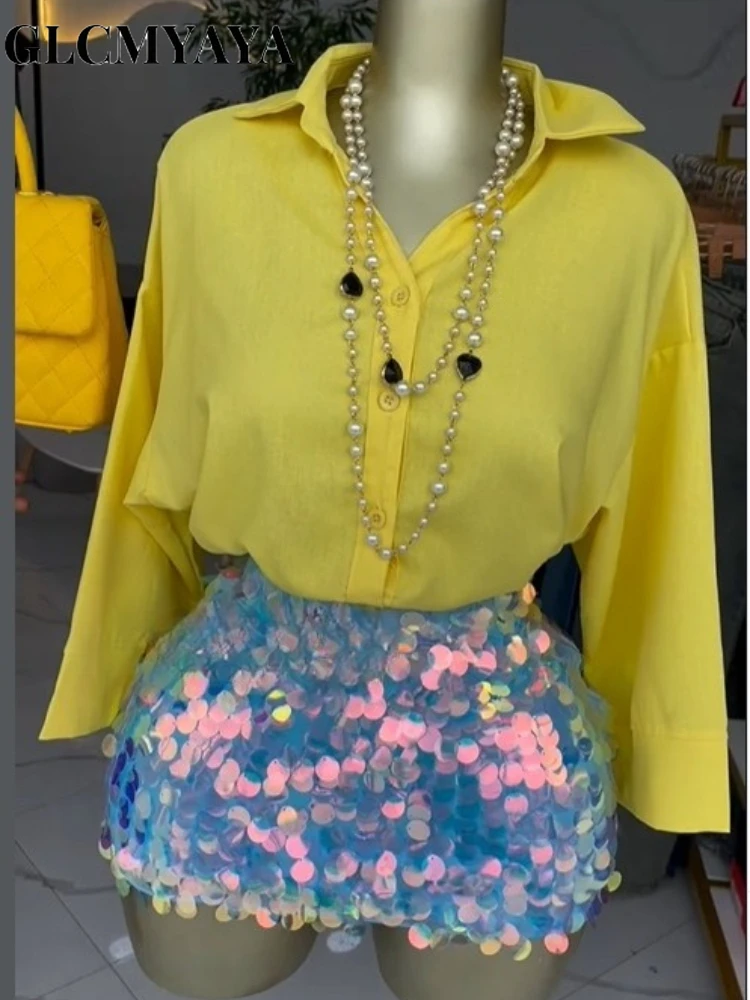 CM.YAYA Women's Long Sleeve Lapel Collar Shirts and Sequined Mini Midi Skirt 2026 Street Party Night Two 2 Piece Set Outfits