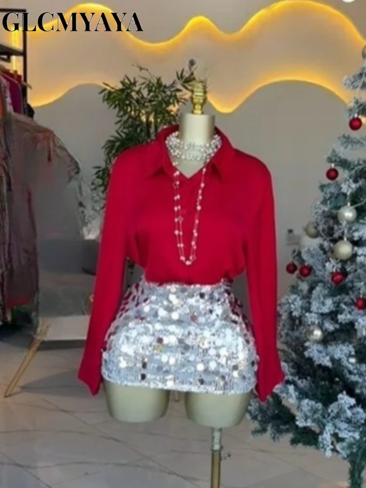 CM.YAYA Women's Long Sleeve Lapel Collar Shirts and Sequined Mini Midi Skirt 2026 Street Party Night Two 2 Piece Set Outfits CM.YAYA Women's Long Sleeve Lapel Collar Shirts and Sequined Mini Midi Skirt 2026 Street Party Night Two 2 Piece Set Outfits