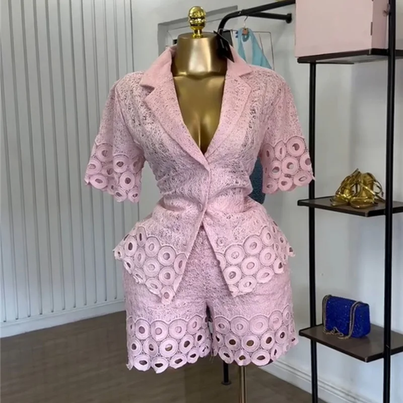 CM.YAYA Lace Embroidery Women's Set half Sleeve Shirt and Shorts Suit 2025 Street Fashion Two 2 Piece Sets Outfit Tracksuits