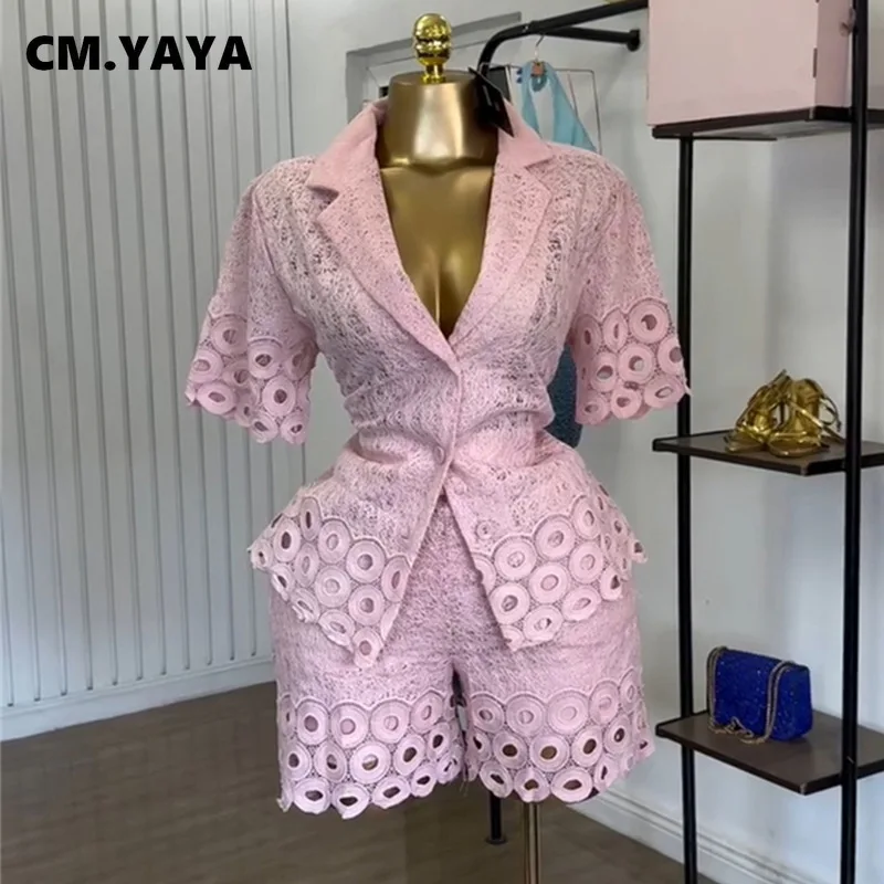 CM.YAYA Lace Embroidery Women's Set half Sleeve Shirt and Shorts Suit 2025 Street Fashion Two 2 Piece Sets Outfit Tracksuits