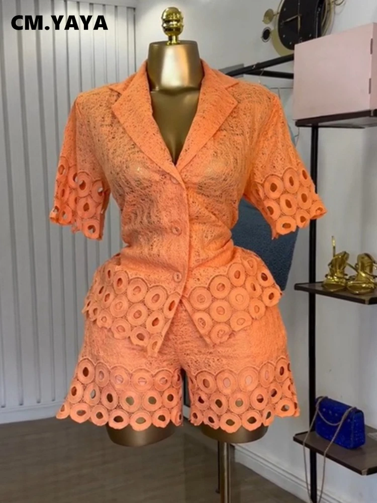 CM.YAYA Lace Embroidery Women's Set half Sleeve Shirt and Shorts Suit 2025 Street Fashion Two 2 Piece Sets Outfit Tracksuits