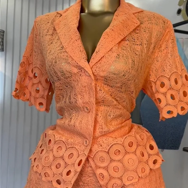 CM.YAYA Lace Embroidery Women's Set half Sleeve Shirt and Shorts Suit 2025 Street Fashion Two 2 Piece Sets Outfit Tracksuits