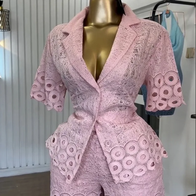 CM.YAYA Lace Embroidery Women's Set half Sleeve Shirt and Shorts Suit 2025 Street Fashion Two 2 Piece Sets Outfit Tracksuits