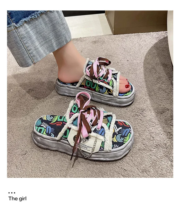 Slippers Thick Sole Shoes Sandals Women Fashion Soft Flat Luxuriou Rubber Fabric Graffiti Cross Strap Flip Flops Women Sandalias
