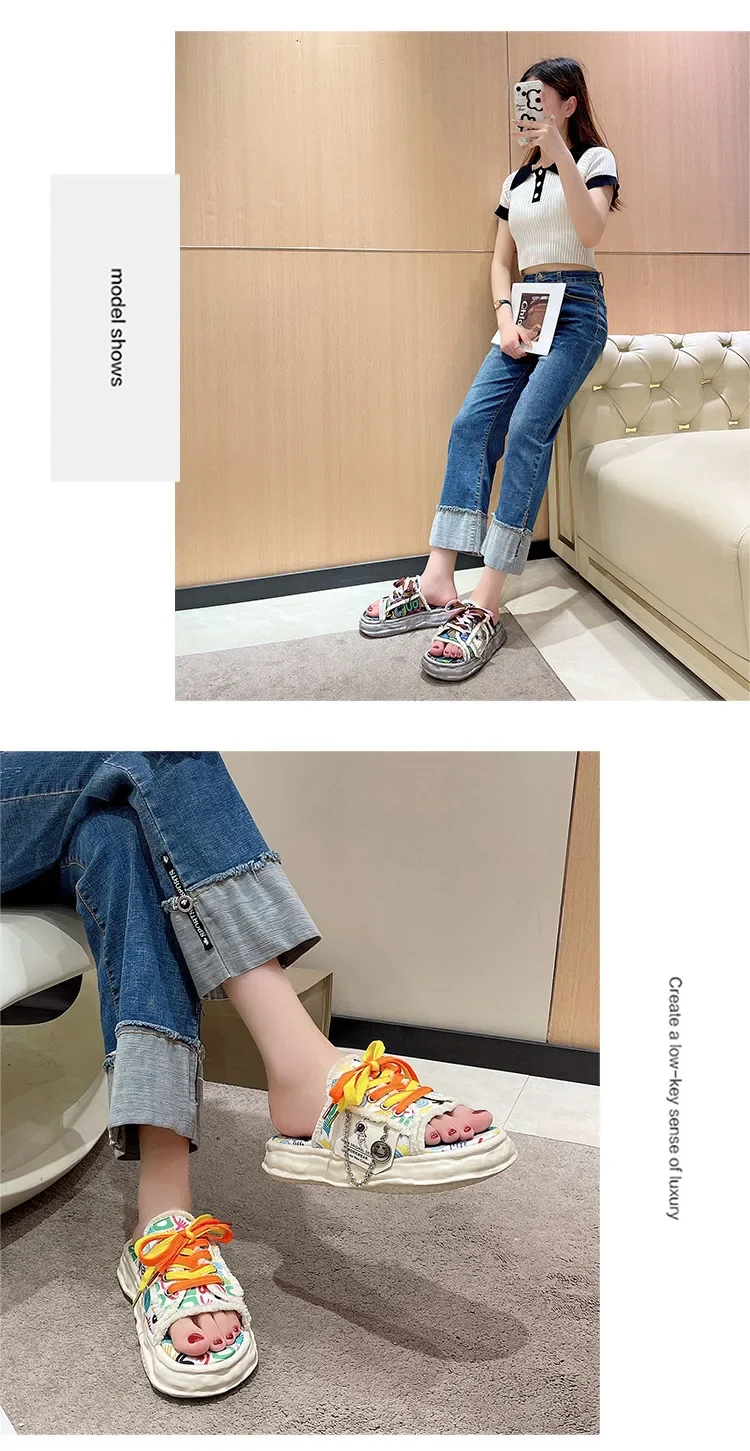 Slippers Thick Sole Shoes Sandals Women Fashion Soft Flat Luxuriou Rubber Fabric Graffiti Cross Strap Flip Flops Women Sandalias