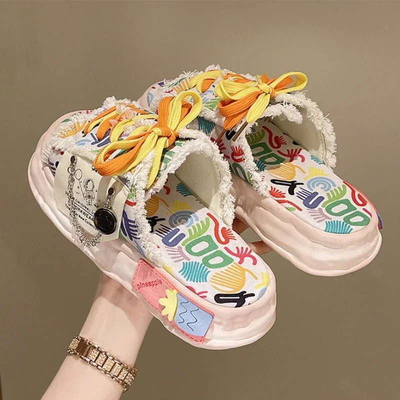 Slippers Thick Sole Shoes Sandals Women Fashion Soft Flat Luxuriou Rubber Fabric Graffiti Cross Strap Flip Flops Women Sandalias