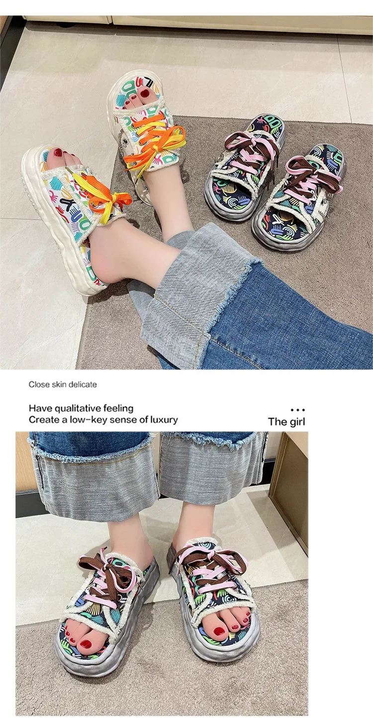 Slippers Thick Sole Shoes Sandals Women Fashion Soft Flat Luxuriou Rubber Fabric Graffiti Cross Strap Flip Flops Women Sandalias