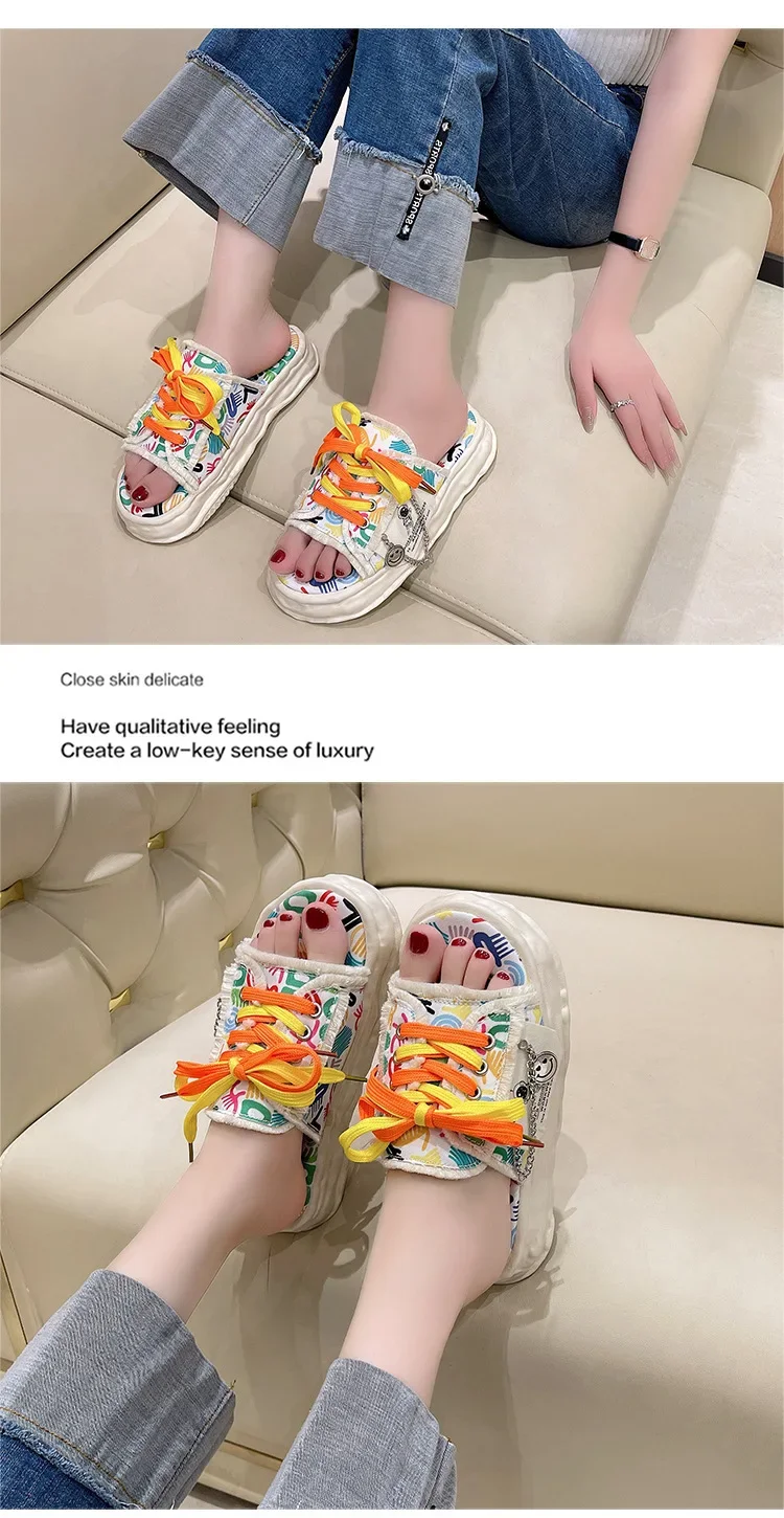 Slippers Thick Sole Shoes Sandals Women Fashion Soft Flat Luxuriou Rubber Fabric Graffiti Cross Strap Flip Flops Women Sandalias