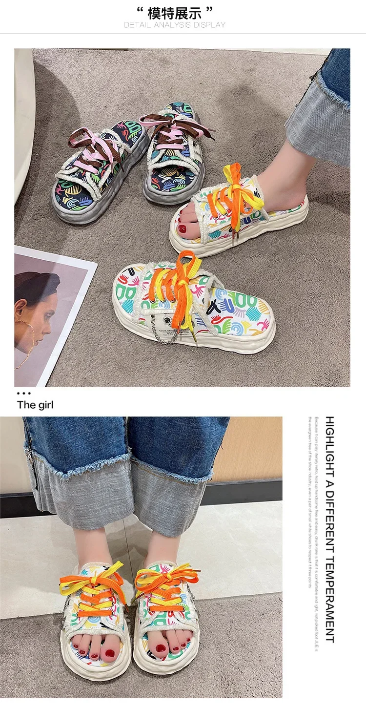 Slippers Thick Sole Shoes Sandals Women Fashion Soft Flat Luxuriou Rubber Fabric Graffiti Cross Strap Flip Flops Women Sandalias