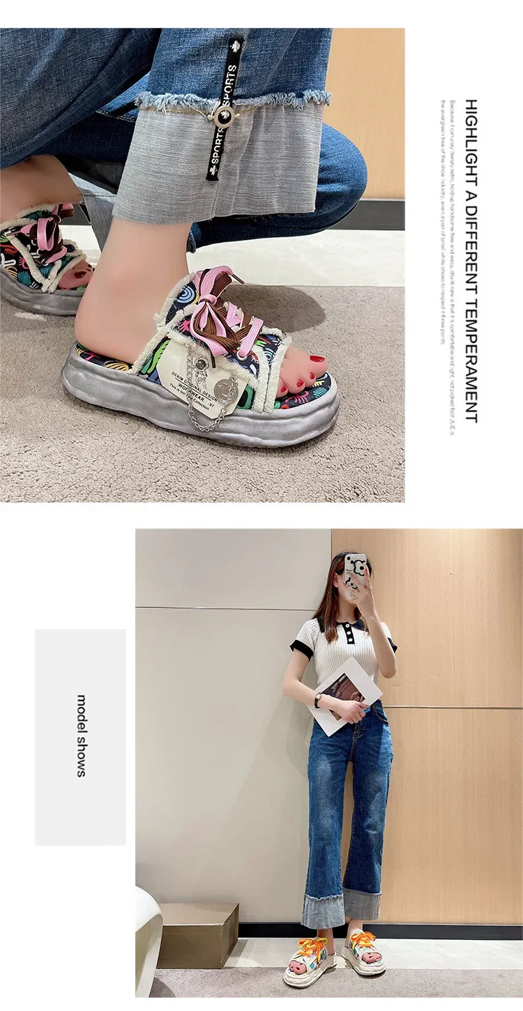 Slippers Thick Sole Shoes Sandals Women Fashion Soft Flat Luxuriou Rubber Fabric Graffiti Cross Strap Flip Flops Women Sandalias