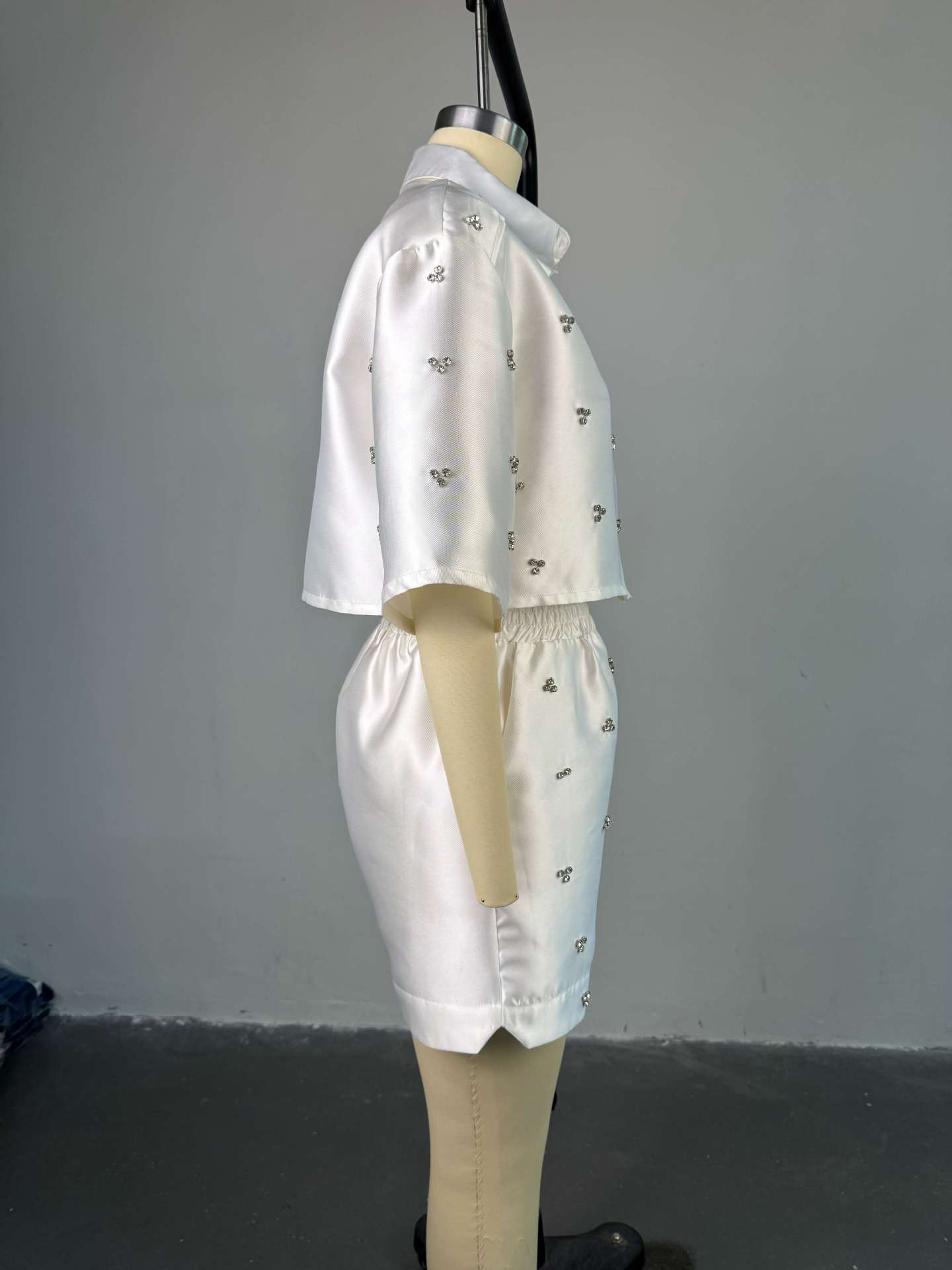 CM.YAYA Fashion Beading Women's Set 3/4 Sleeve Shirt Tops and Shorts Sets 2025 Summer Street Two 2 Piece Sets Outfits Tracksuit