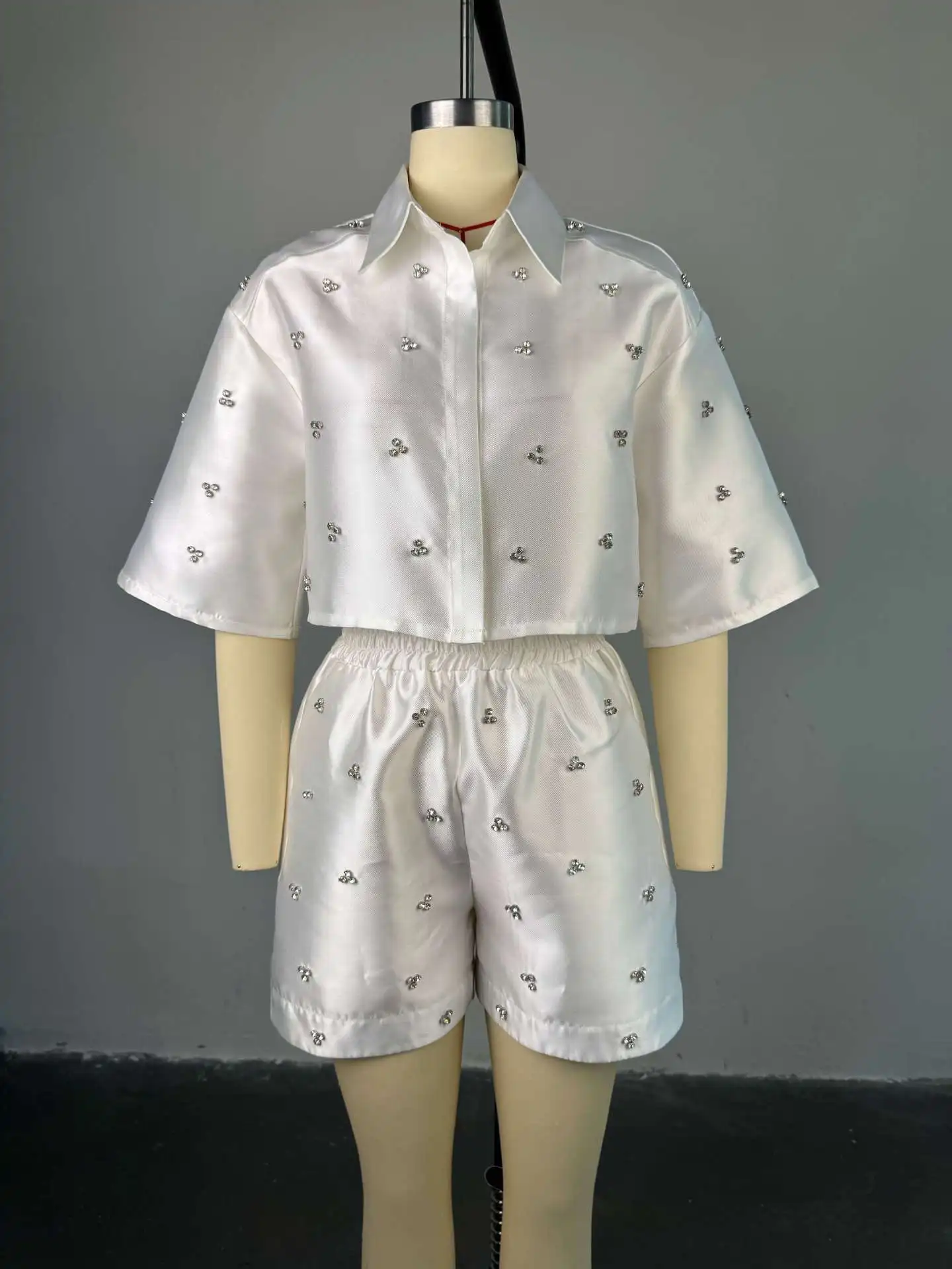 CM.YAYA Fashion Beading Women's Set 3/4 Sleeve Shirt Tops and Shorts Sets 2025 Summer Street Two 2 Piece Sets Outfits Tracksuit