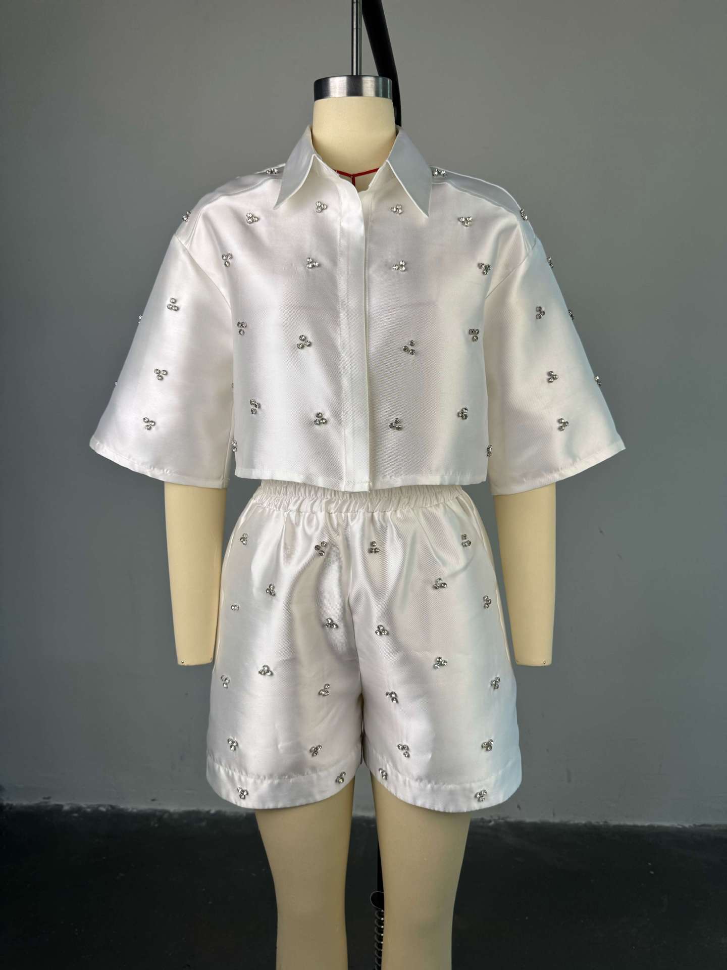 CM.YAYA Fashion Beading Women's Set 3/4 Sleeve Shirt Tops and Shorts Sets 2025 Summer Street Two 2 Piece Sets Outfits Tracksuit