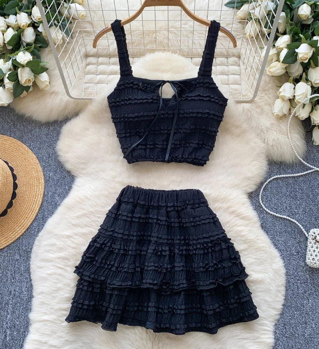 CM.YAYA Beach Boho Women's Set Strap Sleeveless Tank Top and Ruched Mini A-line Skirts Two 2 Piece Sets 2025 Summer Outfits