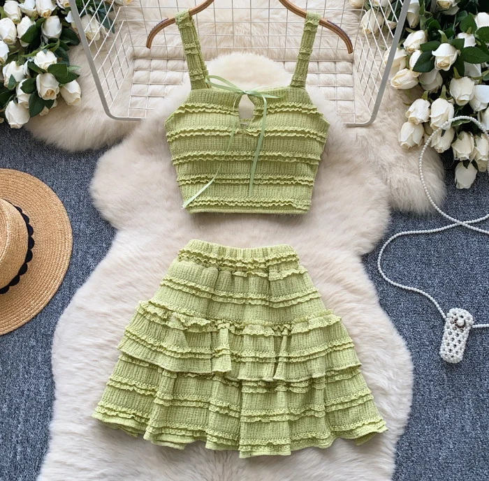 CM.YAYA Beach Boho Women's Set Strap Sleeveless Tank Top and Ruched Mini A-line Skirts Two 2 Piece Sets 2025 Summer Outfits