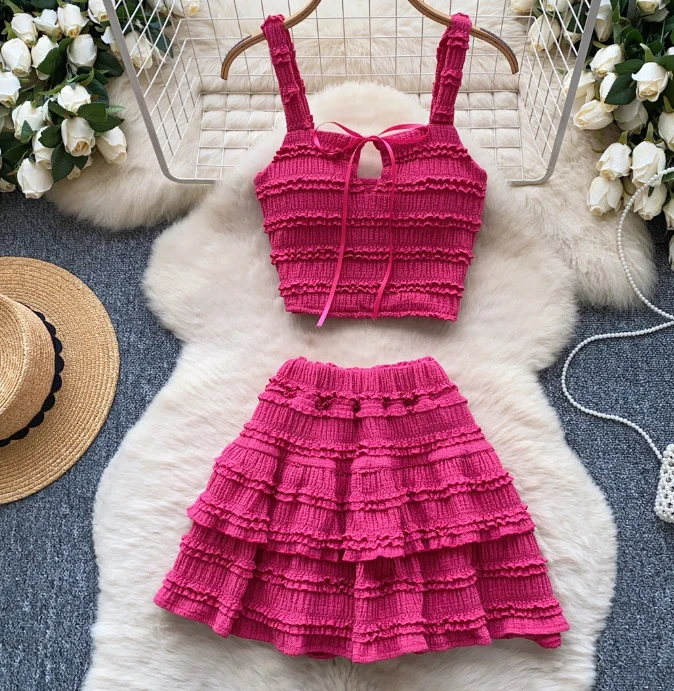 CM.YAYA Beach Boho Women's Set Strap Sleeveless Tank Top and Ruched Mini A-line Skirts Two 2 Piece Sets 2025 Summer Outfits