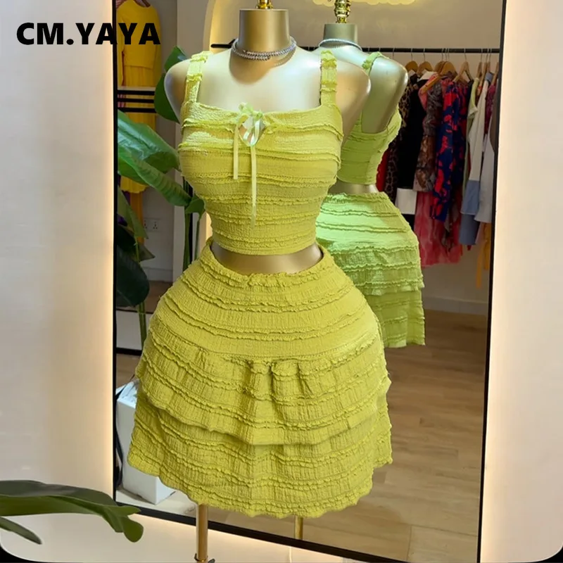 CM.YAYA Beach Boho Women’s Set Strap Sleeveless Tank Top and Ruched Mini A-line Skirts Two 2 Piece Sets 2025 Summer Outfits CM.YAYA Beach Boho Women's Set Strap Sleeveless Tank Top and Ruched Mini A-line Skirts Two 2 Piece Sets 2025 Summer Outfits