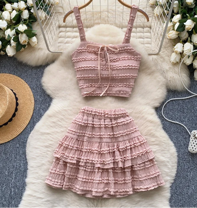 CM.YAYA Beach Boho Women's Set Strap Sleeveless Tank Top and Ruched Mini A-line Skirts Two 2 Piece Sets 2025 Summer Outfits