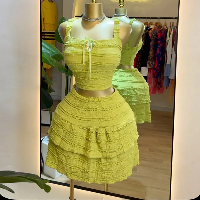 CM.YAYA Beach Boho Women's Set Strap Sleeveless Tank Top and Ruched Mini A-line Skirts Two 2 Piece Sets 2025 Summer Outfits