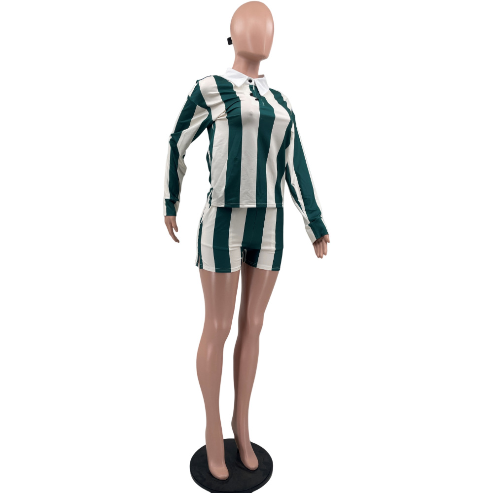 CM.YAYA Striped Women's Set Pleated full Sleeve Turn-down Collar Polo-t-shirt and Shorts 2025 Two 2 Piece Sets Outfit Tracksuits