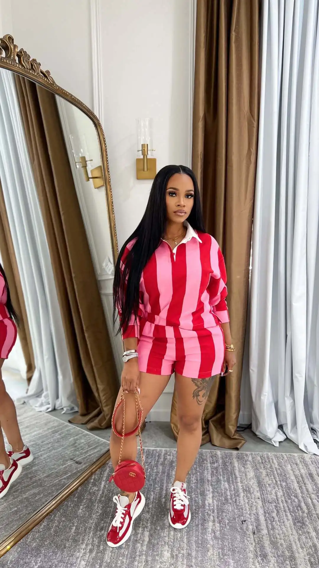 CM.YAYA Striped Women's Set Pleated full Sleeve Turn-down Collar Polo-t-shirt and Shorts 2025 Two 2 Piece Sets Outfit Tracksuits