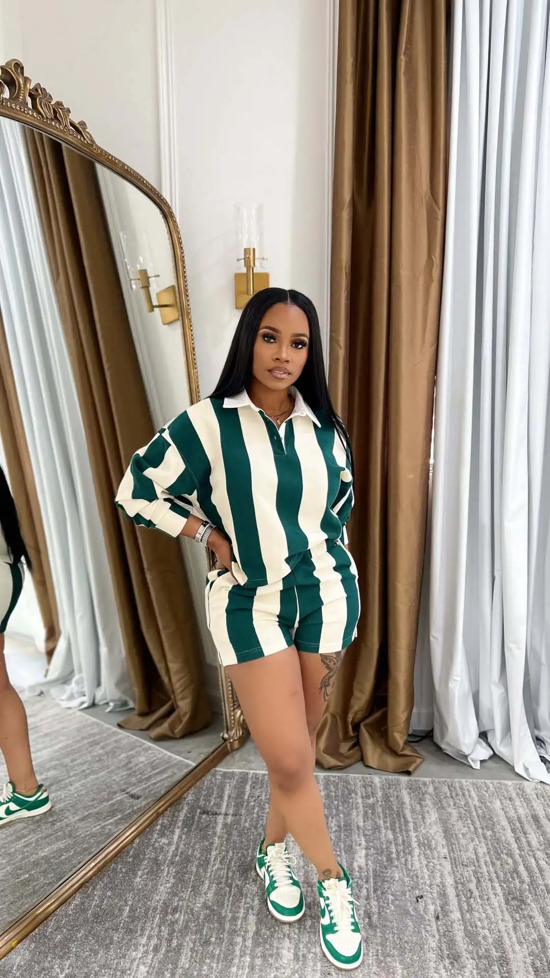 CM.YAYA Striped Women's Set Pleated full Sleeve Turn-down Collar Polo-t-shirt and Shorts 2025 Two 2 Piece Sets Outfit Tracksuits