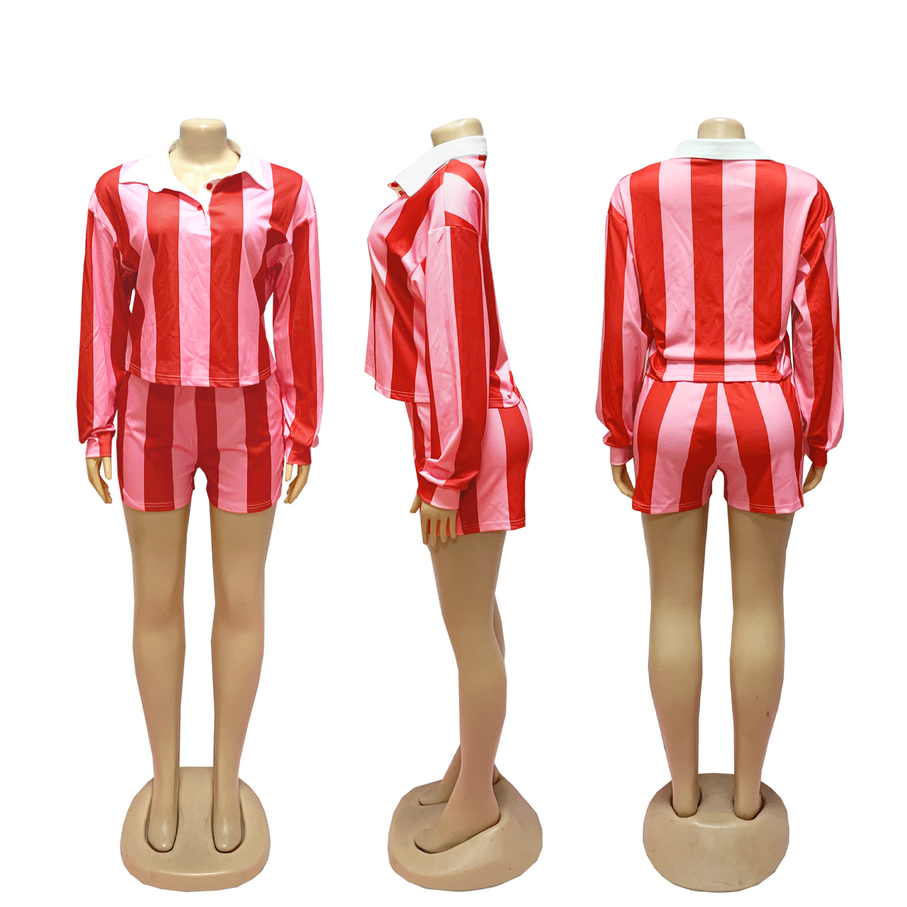 CM.YAYA Striped Women's Set Pleated full Sleeve Turn-down Collar Polo-t-shirt and Shorts 2025 Two 2 Piece Sets Outfit Tracksuits