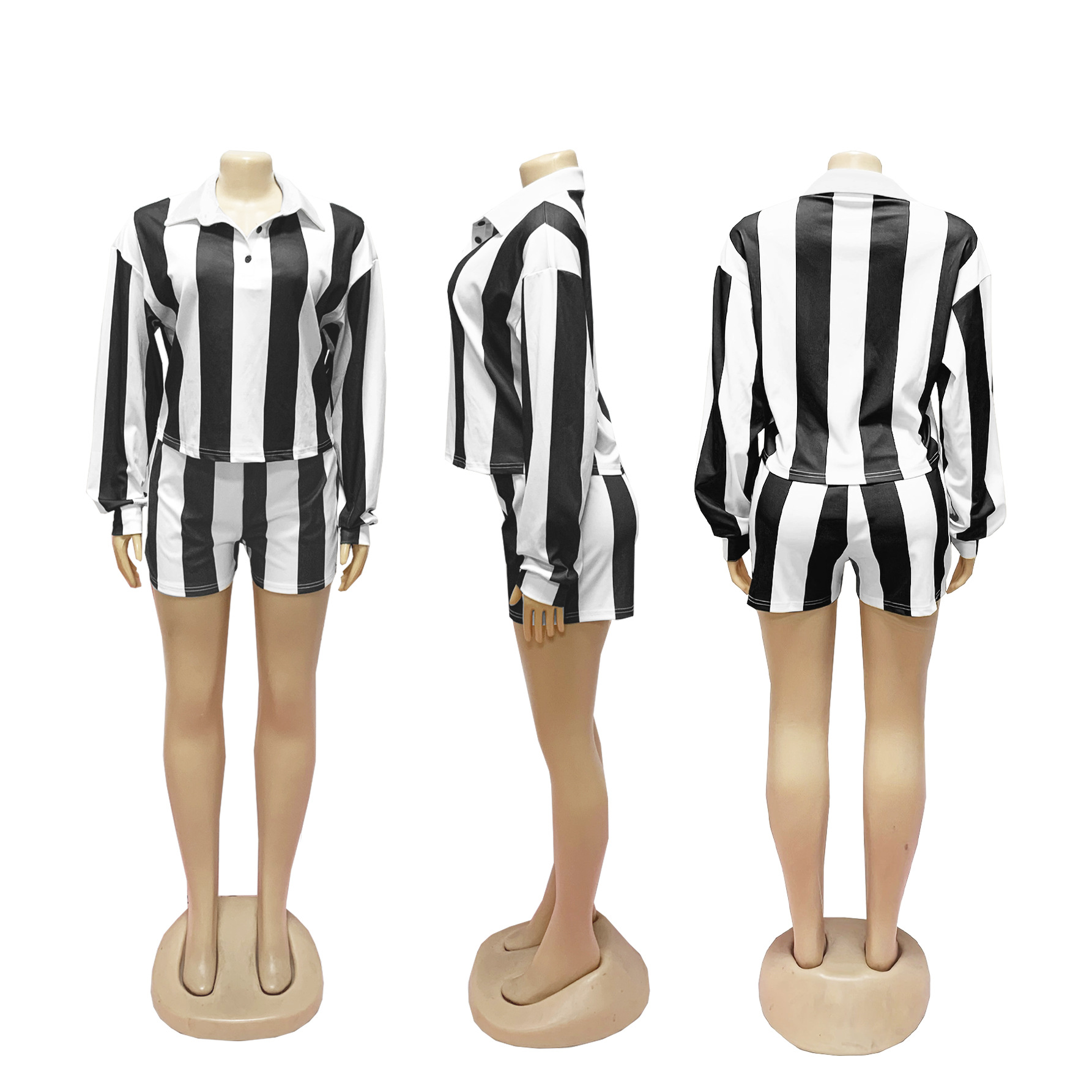 CM.YAYA Striped Women's Set Pleated full Sleeve Turn-down Collar Polo-t-shirt and Shorts 2025 Two 2 Piece Sets Outfit Tracksuits