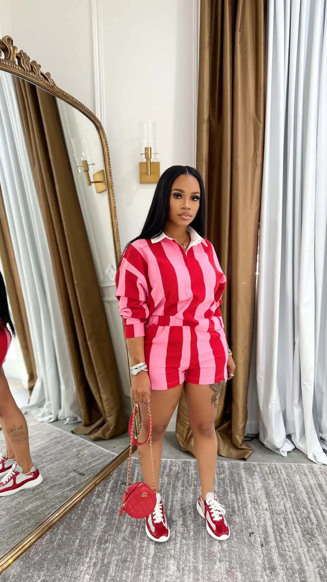 CM.YAYA Striped Women's Set Pleated full Sleeve Turn-down Collar Polo-t-shirt and Shorts 2025 Two 2 Piece Sets Outfit Tracksuits