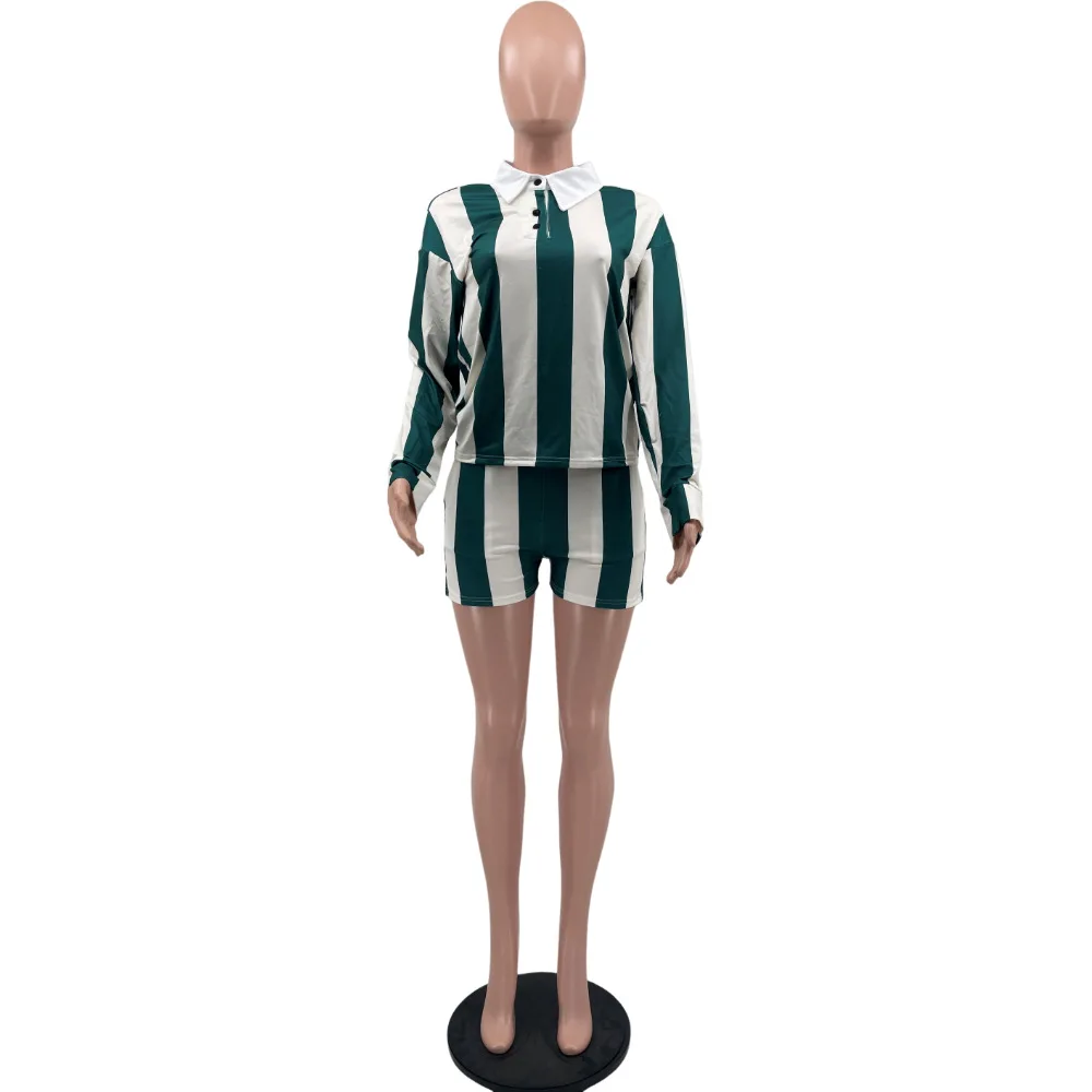 CM.YAYA Striped Women’s Set Pleated full Sleeve Turn-down Collar Polo-t-shirt and Shorts 2025 Two 2 Piece Sets Outfit Tracksuits CM.YAYA Striped Women's Set Pleated full Sleeve Turn-down Collar Polo-t-shirt and Shorts 2025 Two 2 Piece Sets Outfit Tracksuits