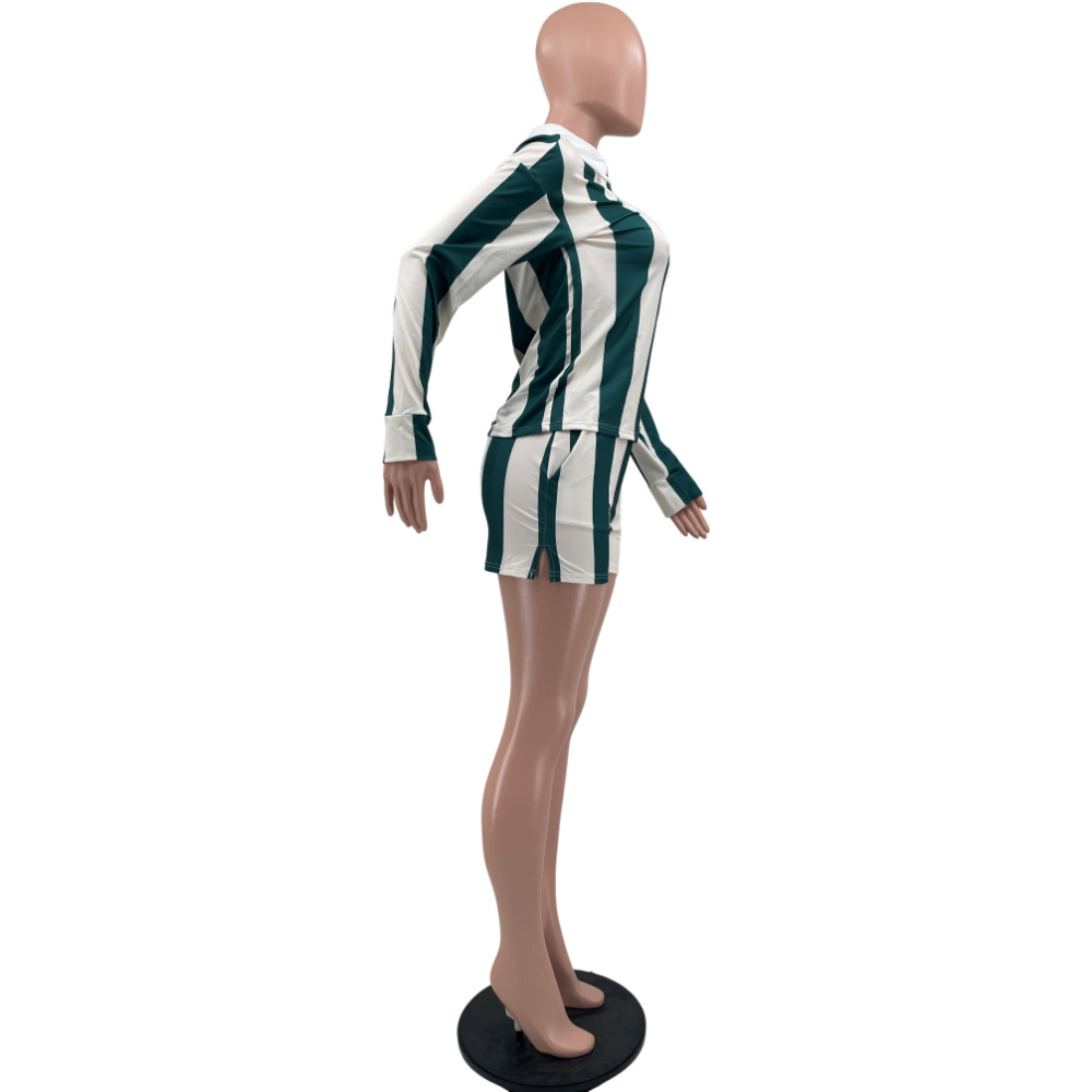 CM.YAYA Striped Women's Set Pleated full Sleeve Turn-down Collar Polo-t-shirt and Shorts 2025 Two 2 Piece Sets Outfit Tracksuits