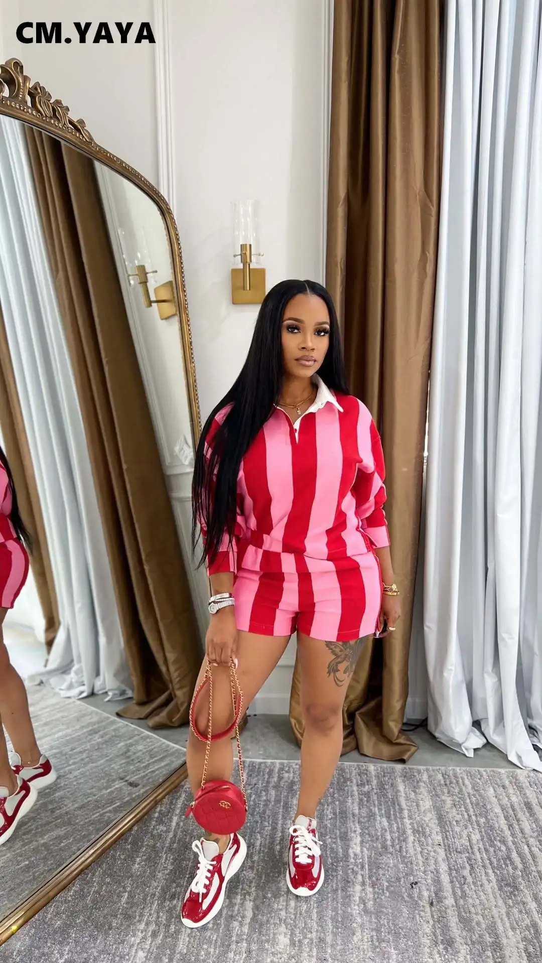 CM.YAYA Striped Women’s Set Pleated full Sleeve Turn-down Collar Polo-t-shirt and Shorts 2025 Two 2 Piece Sets Outfit Tracksuits CM.YAYA Striped Women's Set Pleated full Sleeve Turn-down Collar Polo-t-shirt and Shorts 2025 Two 2 Piece Sets Outfit Tracksuits