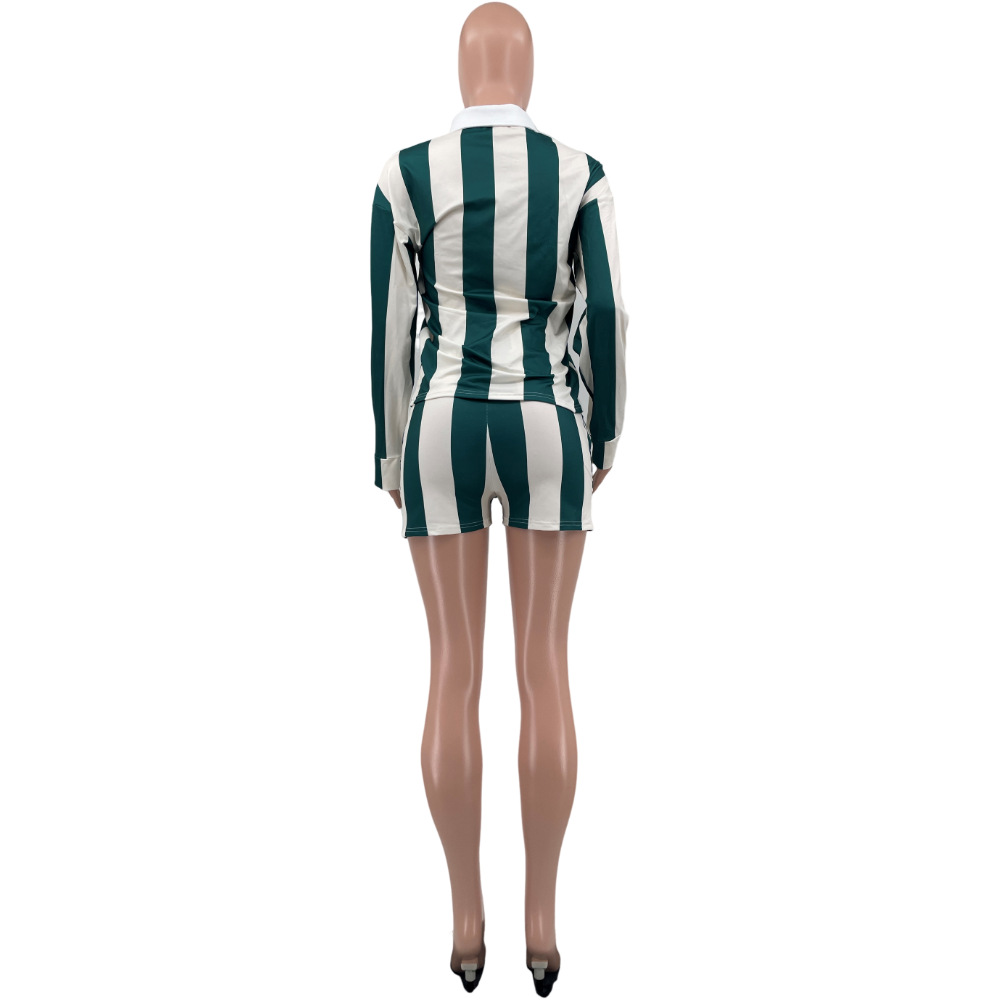 CM.YAYA Striped Women's Set Pleated full Sleeve Turn-down Collar Polo-t-shirt and Shorts 2025 Two 2 Piece Sets Outfit Tracksuits