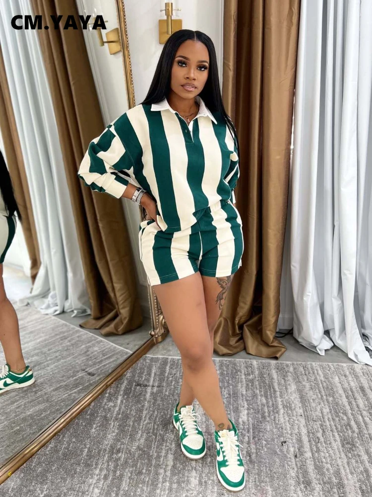 CM.YAYA Striped Women’s Set Pleated full Sleeve Turn-down Collar Polo-t-shirt and Shorts 2025 Two 2 Piece Sets Outfit Tracksuits CM.YAYA Striped Women's Set Pleated full Sleeve Turn-down Collar Polo-t-shirt and Shorts 2025 Two 2 Piece Sets Outfit Tracksuits