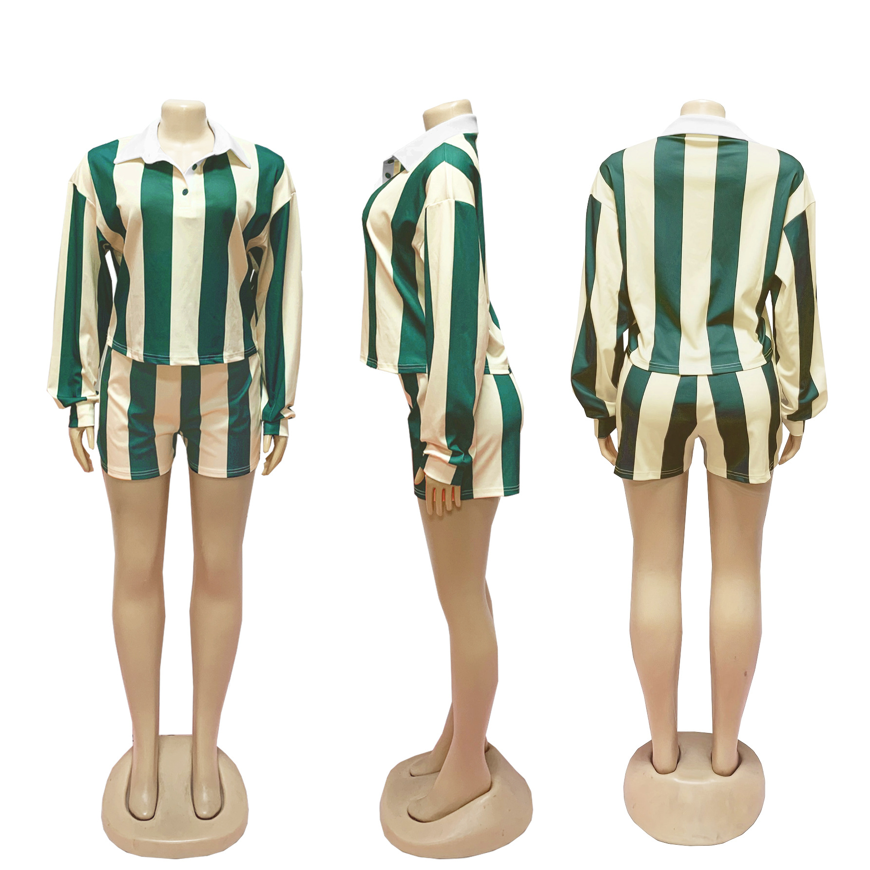 CM.YAYA Striped Women's Set Pleated full Sleeve Turn-down Collar Polo-t-shirt and Shorts 2025 Two 2 Piece Sets Outfit Tracksuits