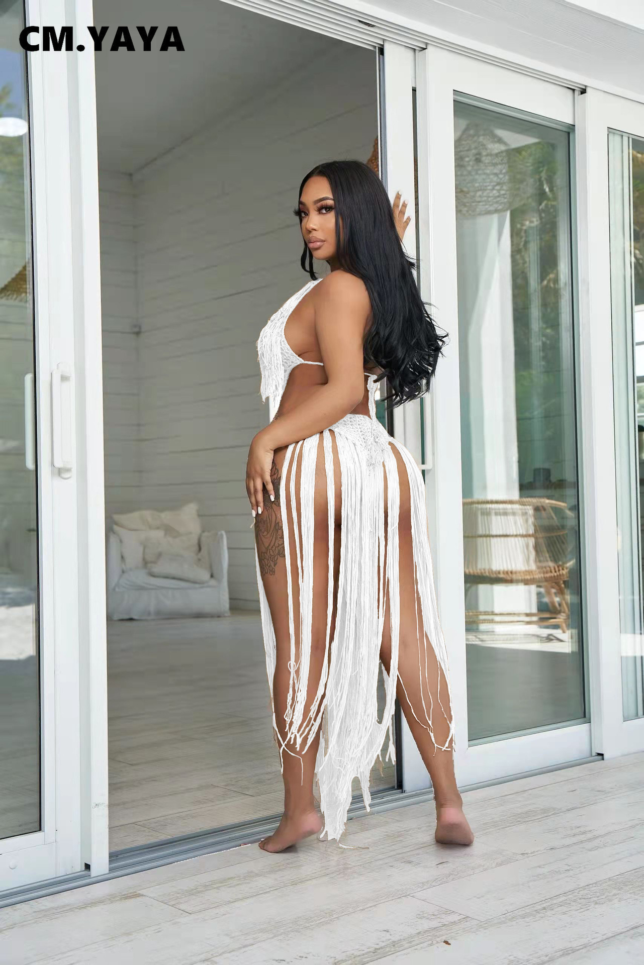 CM.YAYA Women Crochet Knit Ribbed Tassel Backless Sleeveless One Piece Dress Suit Swimwear 2022 Summer Sexy Swimsuit Bodysuit CM.YAYA Women Crochet Knit Ribbed Tassel Backless Sleeveless One Piece Dress Suit Swimwear 2022 Summer Sexy Swimsuit Bodysuit