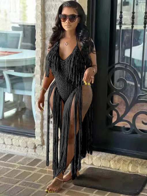 CM.YAYA Women Crochet Knit Ribbed Tassel Backless Sleeveless One Piece Dress Suit Swimwear 2022 Summer Sexy Swimsuit Bodysuit CM.YAYA Women Crochet Knit Ribbed Tassel Backless Sleeveless One Piece Dress Suit Swimwear 2022 Summer Sexy Swimsuit Bodysuit