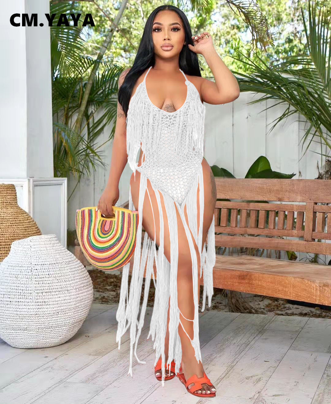 CM.YAYA Women Crochet Knit Ribbed Tassel Backless Sleeveless One Piece Dress Suit Swimwear 2022 Summer Sexy Swimsuit Bodysuit CM.YAYA Women Crochet Knit Ribbed Tassel Backless Sleeveless One Piece Dress Suit Swimwear 2022 Summer Sexy Swimsuit Bodysuit