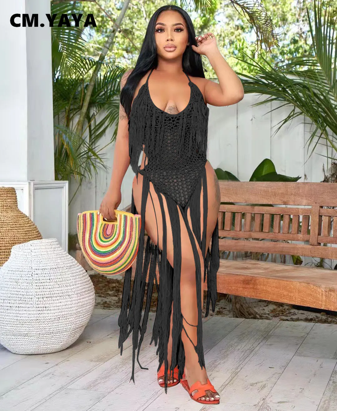 CM.YAYA Women Crochet Knit Ribbed Tassel Backless Sleeveless One Piece Dress Suit Swimwear 2022 Summer Sexy Swimsuit Bodysuit