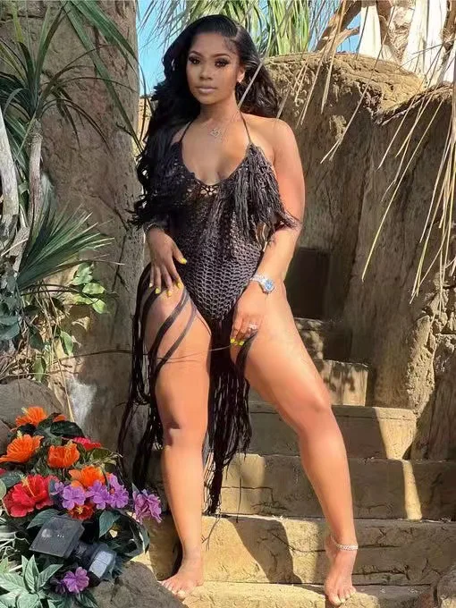 CM.YAYA Women Crochet Knit Ribbed Tassel Backless Sleeveless One Piece Dress Suit Swimwear 2022 Summer Sexy Swimsuit Bodysuit CM.YAYA Women Crochet Knit Ribbed Tassel Backless Sleeveless One Piece Dress Suit Swimwear 2022 Summer Sexy Swimsuit Bodysuit