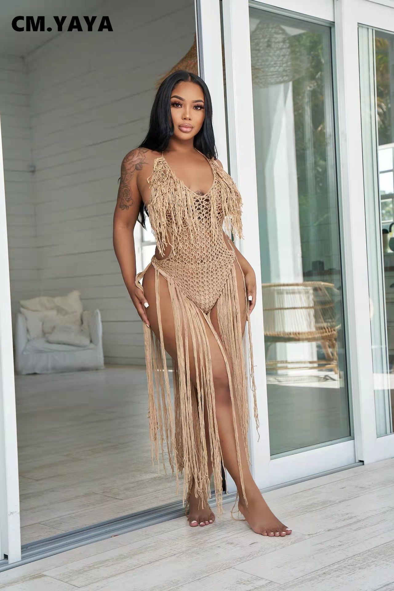 CM.YAYA Women Crochet Knit Ribbed Tassel Backless Sleeveless One Piece Dress Suit Swimwear 2022 Summer Sexy Swimsuit Bodysuit CM.YAYA Women Crochet Knit Ribbed Tassel Backless Sleeveless One Piece Dress Suit Swimwear 2022 Summer Sexy Swimsuit Bodysuit