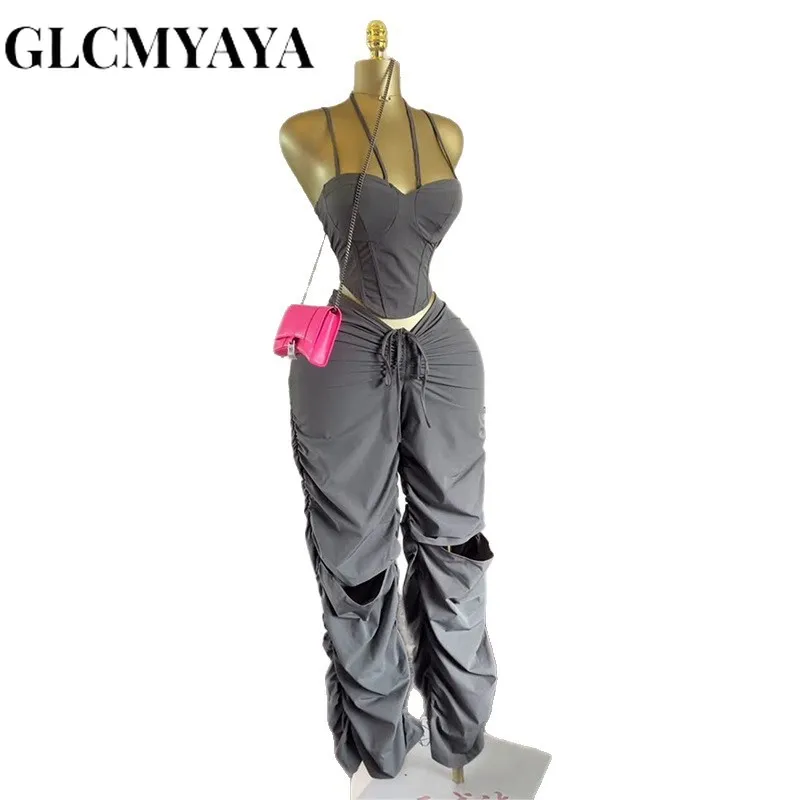 GLCMYAYA Street Fashion Women's Set Strap Tunic Crop Tops and Stacked Ruched Pants 2025 Holiday Vacation Two 2 Piece Set Outfits