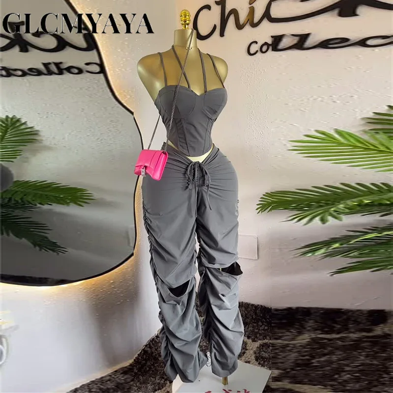 GLCMYAYA Street Fashion Women's Set Strap Tunic Crop Tops and Stacked Ruched Pants 2025 Holiday Vacation Two 2 Piece Set Outfits