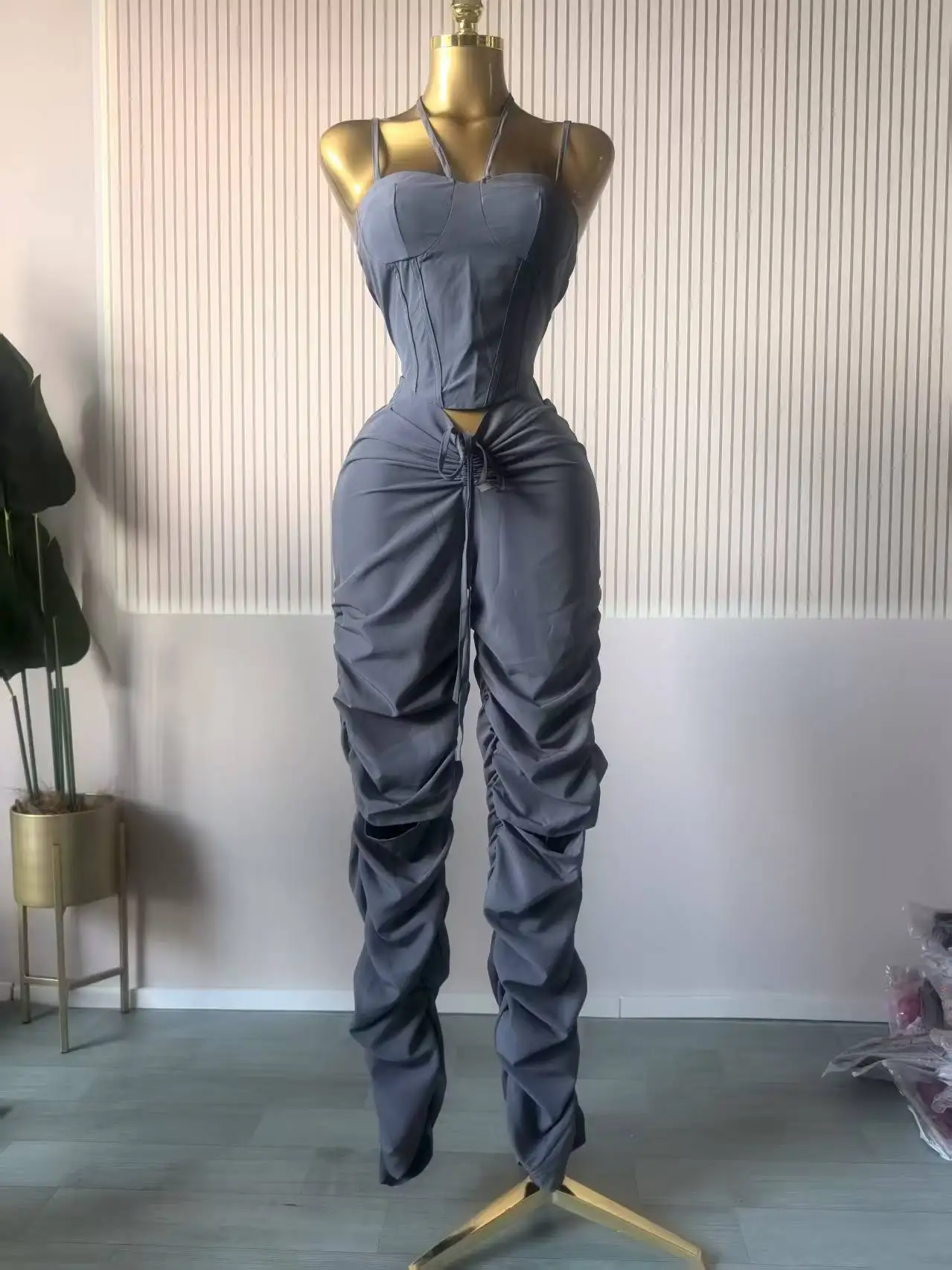 GLCMYAYA Street Fashion Women's Set Strap Tunic Crop Tops and Stacked Ruched Pants 2025 Holiday Vacation Two 2 Piece Set Outfits GLCMYAYA Street Fashion Women's Set Strap Tunic Crop Tops and Stacked Ruched Pants 2025 Holiday Vacation Two 2 Piece Set Outfits