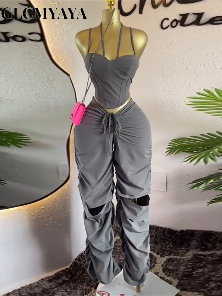 GLCMYAYA Street Fashion Women's Set Strap Tunic Crop Tops and Stacked Ruched Pants 2025 Holiday Vacation Two 2 Piece Set Outfits