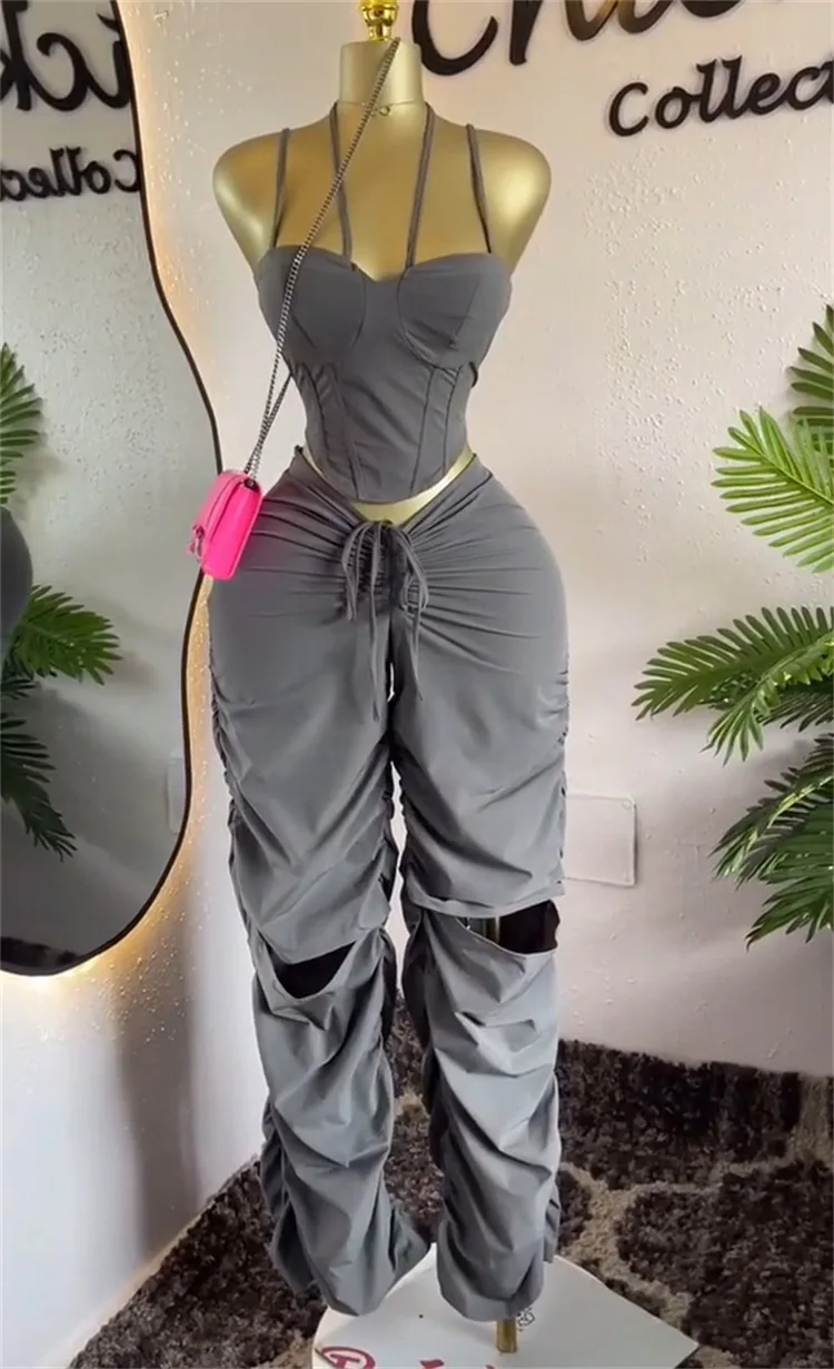 GLCMYAYA Street Fashion Women's Set Strap Tunic Crop Tops and Stacked Ruched Pants 2025 Holiday Vacation Two 2 Piece Set Outfits GLCMYAYA Street Fashion Women's Set Strap Tunic Crop Tops and Stacked Ruched Pants 2025 Holiday Vacation Two 2 Piece Set Outfits