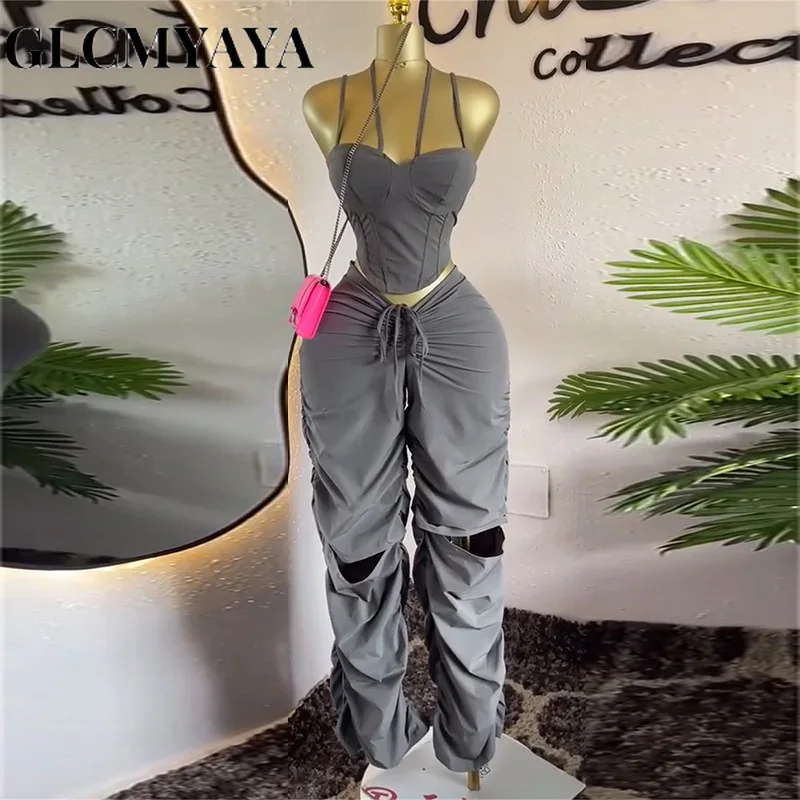 GLCMYAYA Street Fashion Women's Set Strap Tunic Crop Tops and Stacked Ruched Pants 2025 Holiday Vacation Two 2 Piece Set Outfits