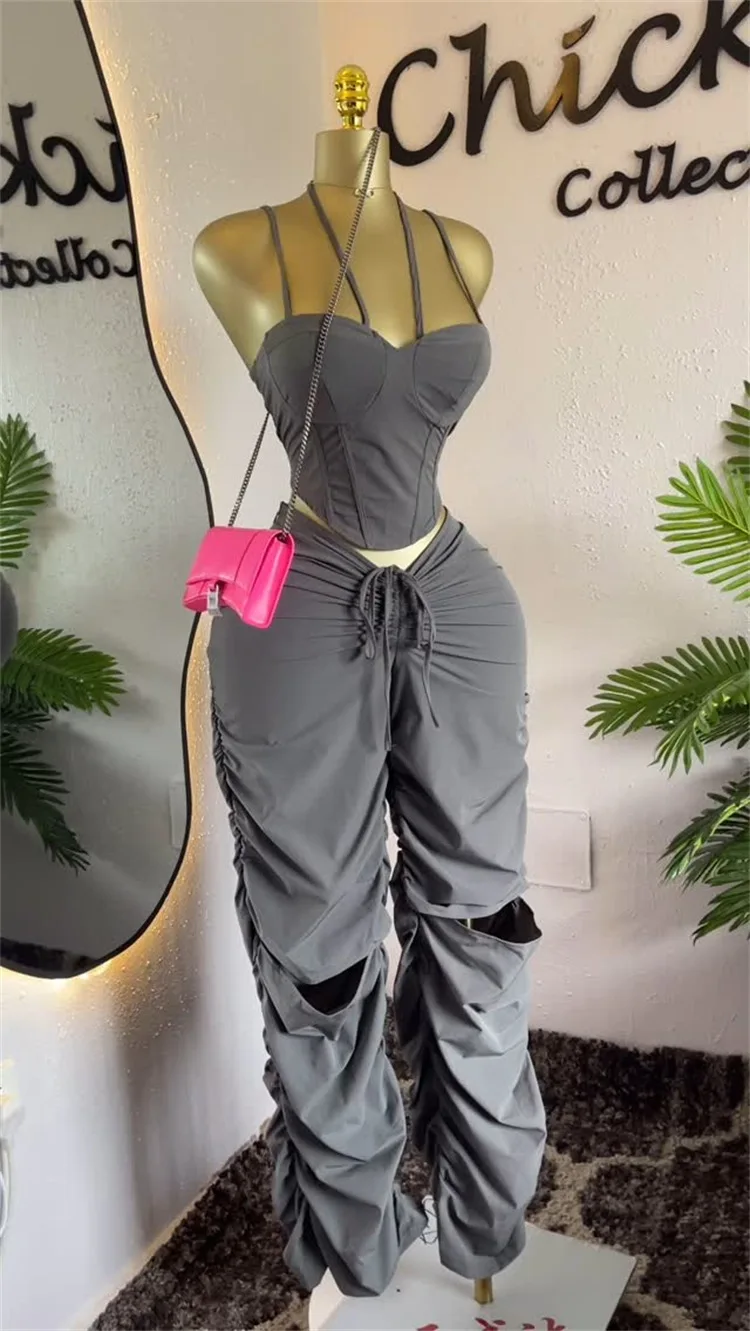 GLCMYAYA Street Fashion Women's Set Strap Tunic Crop Tops and Stacked Ruched Pants 2025 Holiday Vacation Two 2 Piece Set Outfits GLCMYAYA Street Fashion Women's Set Strap Tunic Crop Tops and Stacked Ruched Pants 2025 Holiday Vacation Two 2 Piece Set Outfits